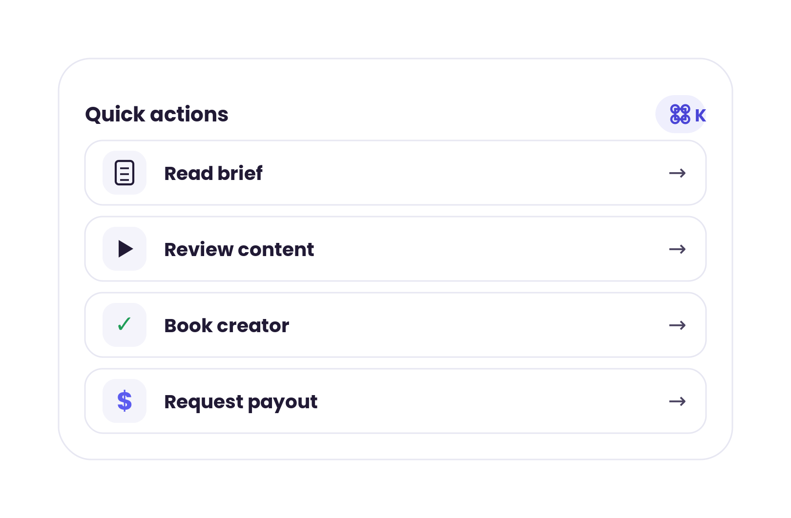 CrowdSwell campaign workflow: quick actions to read the brief, review content, book a creator and request a payout.